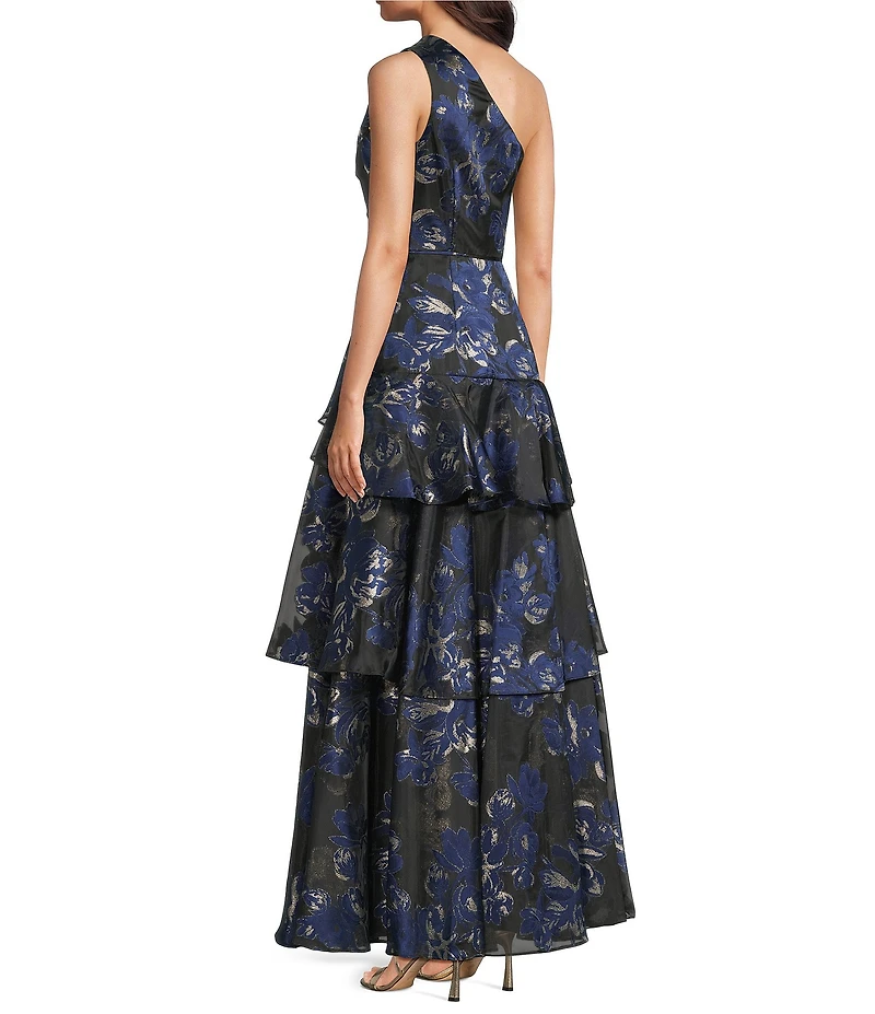 Aidan Mattox Jacquard One Shoulder Ruffle Tiered A-Line Gown