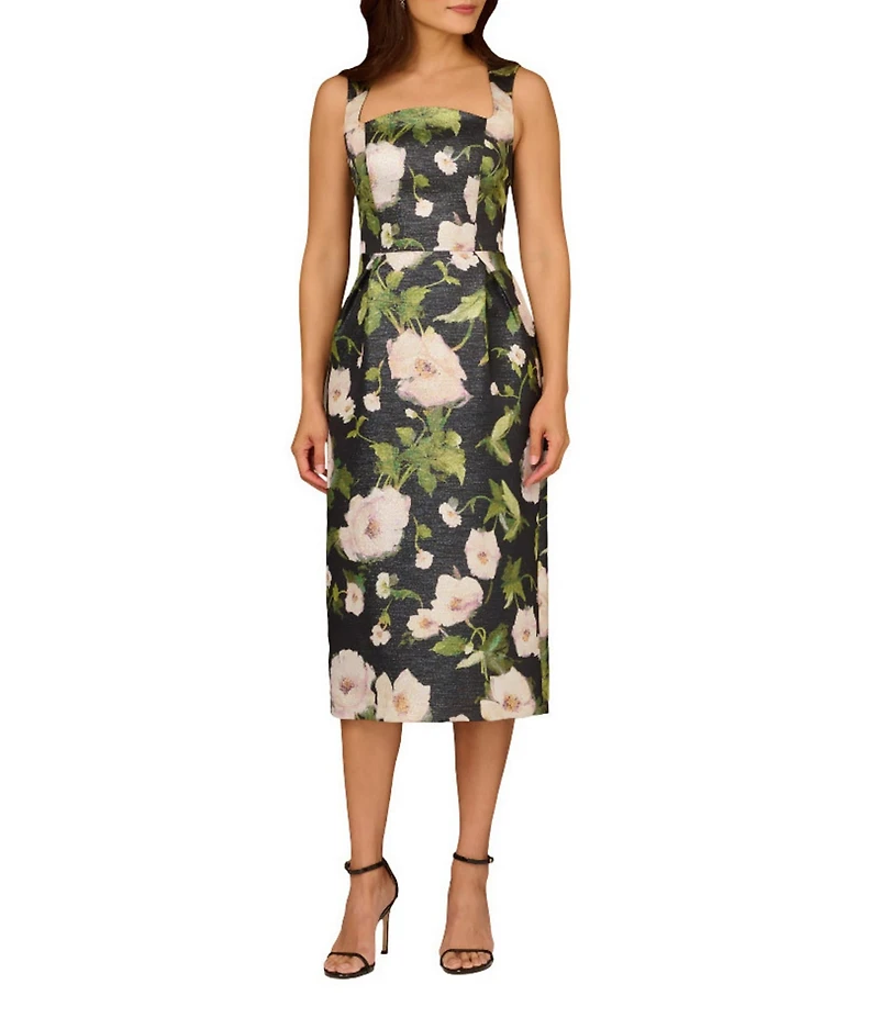 Aidan Mattox Jacquard Square Neckline Sleeveless Sheath Midi Dress