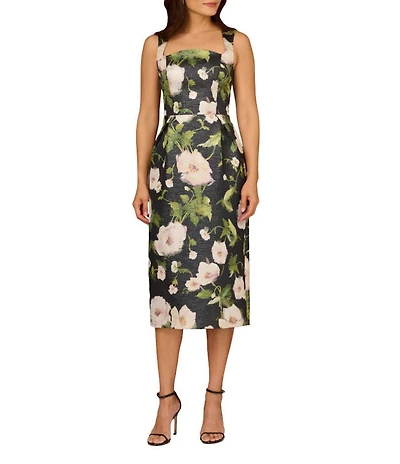 Aidan Mattox Jacquard Square Neckline Sleeveless Sheath Midi Dress