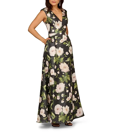 Aidan Mattox Jacquard V-Neck Side Seam Pockets A-Line Ball Gown