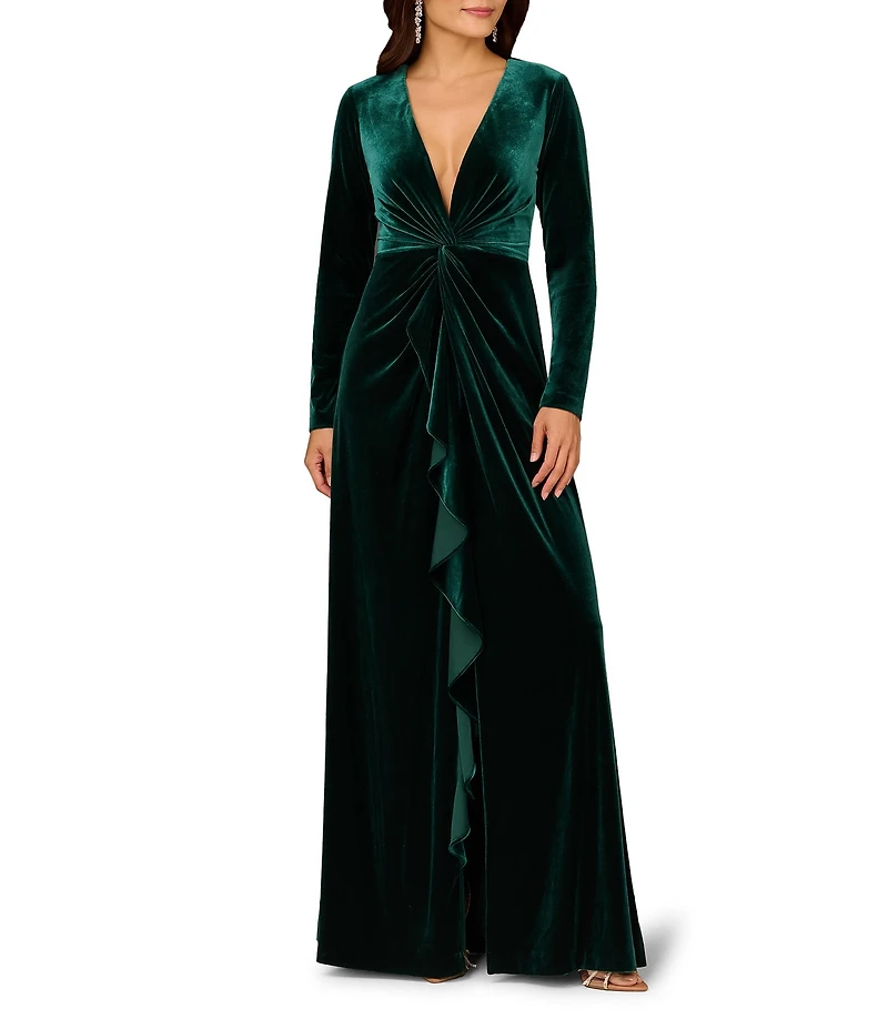Aidan Mattox Long Sleeve Deep V Neck Velvet A Line Gown With Twist Ruffle