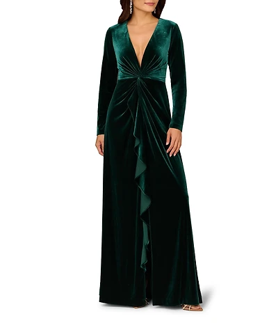 Aidan Mattox Long Sleeve Deep V Neck Velvet A Line Gown With Twist Ruffle