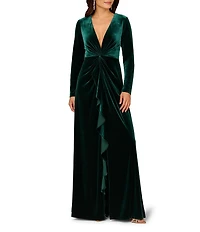 Aidan Mattox Long Sleeve Deep V Neck Velvet A Line Gown With Twist Ruffle