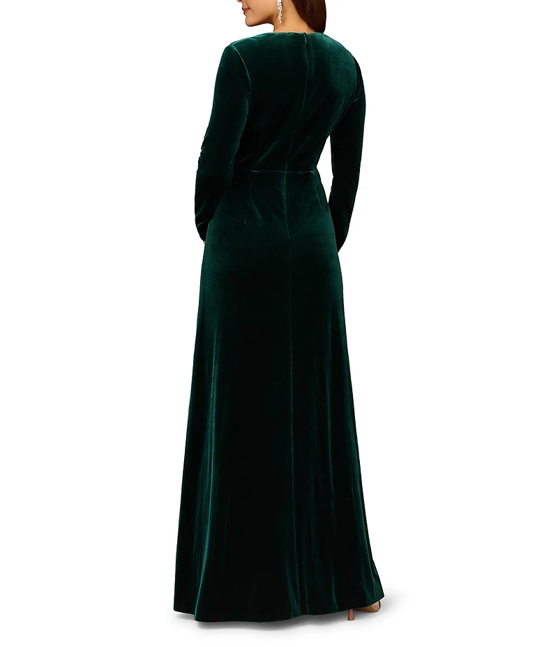 Aidan Mattox Long Sleeve Deep V Neck Velvet A Line Gown With Twist Ruffle