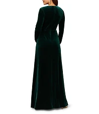 Aidan Mattox Long Sleeve Deep V Neck Velvet A Line Gown With Twist Ruffle