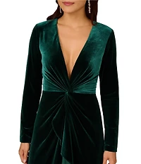 Aidan Mattox Long Sleeve Deep V Neck Velvet A Line Gown With Twist Ruffle