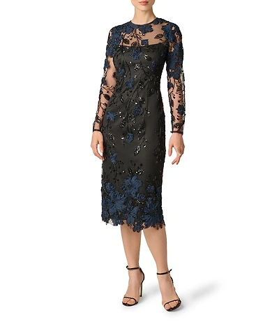 Aidan Mattox Mesh 3D Embroidered Illusion Crew Neck Long Sleeves Knee Length Sheath Dress