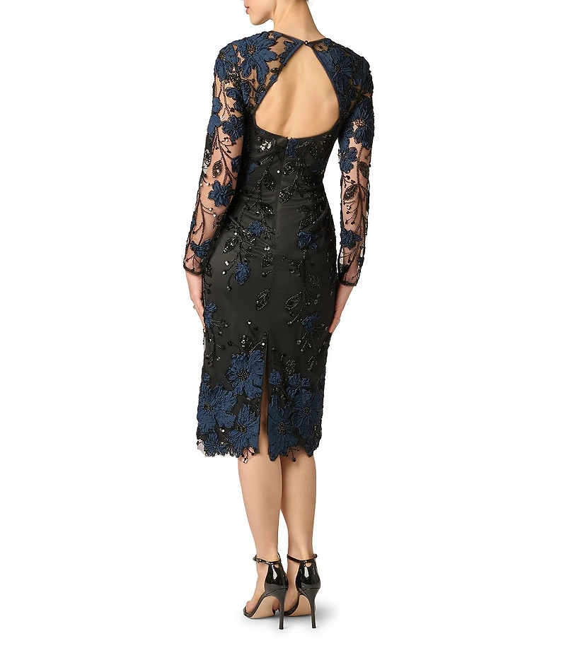 Aidan Mattox Mesh 3D Embroidered Illusion Crew Neck Long Sleeves Knee Length Sheath Dress