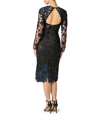 Aidan Mattox Mesh 3D Embroidered Illusion Crew Neck Long Sleeves Knee Length Sheath Dress