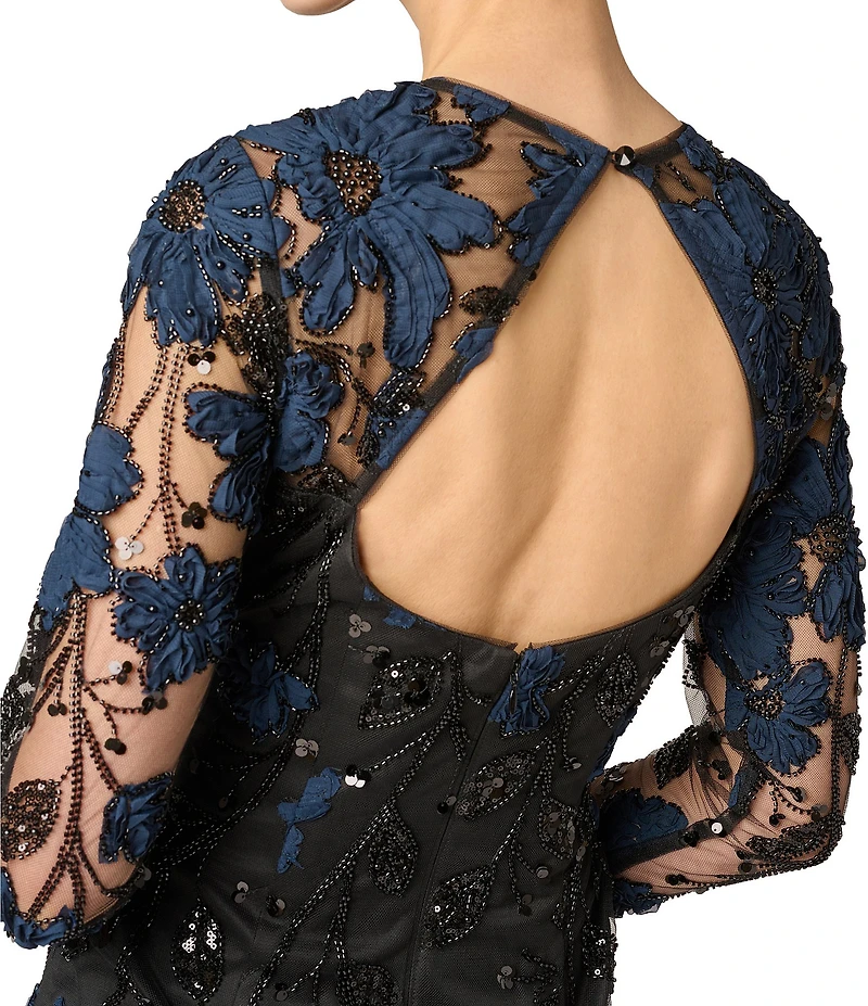 Aidan Mattox Mesh 3D Embroidered Illusion Crew Neck Long Sleeves Knee Length Sheath Dress