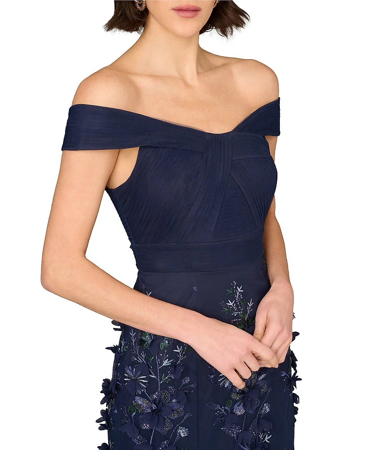 Aidan Mattox Mesh Embroidered Sequin Floral Off-The-Shoulder Neck Sleeveless Sheath Gown