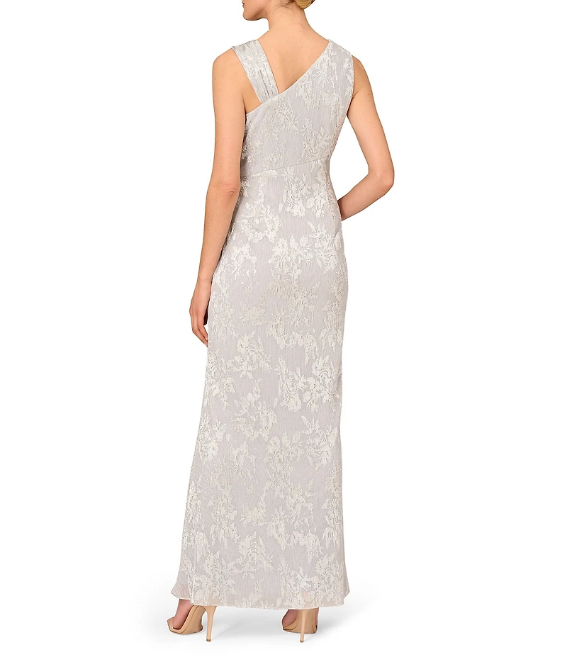 Aidan Mattox Metallic Foil Pleated Asymmetrical Neck Sleeveless Gown