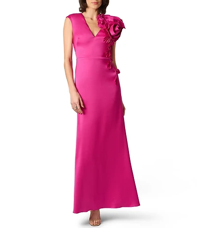 Aidan Mattox Mikado 3D Flower Applique V Neck Cap Sleeve Long Gown