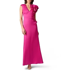 Aidan Mattox Mikado 3D Flower Applique V Neck Cap Sleeve Long Gown