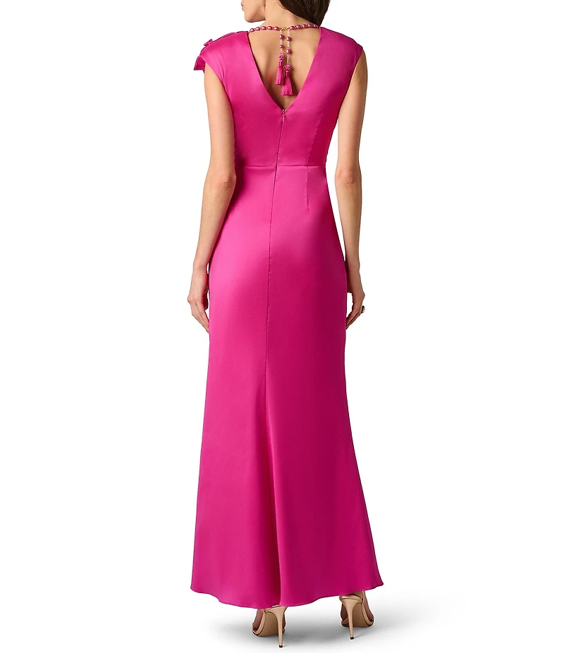 Aidan Mattox Mikado 3D Flower Applique V Neck Cap Sleeve Long Gown