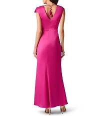 Aidan Mattox Mikado 3D Flower Applique V Neck Cap Sleeve Long Gown