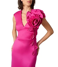 Aidan Mattox Mikado 3D Flower Applique V Neck Cap Sleeve Long Gown