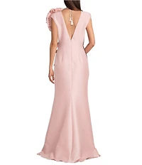 Aidan Mattox Mikado 3D Flower Applique V Neck Cap Sleeve Long Gown