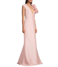 Aidan Mattox Mikado 3D Flower Applique V Neck Cap Sleeve Long Gown