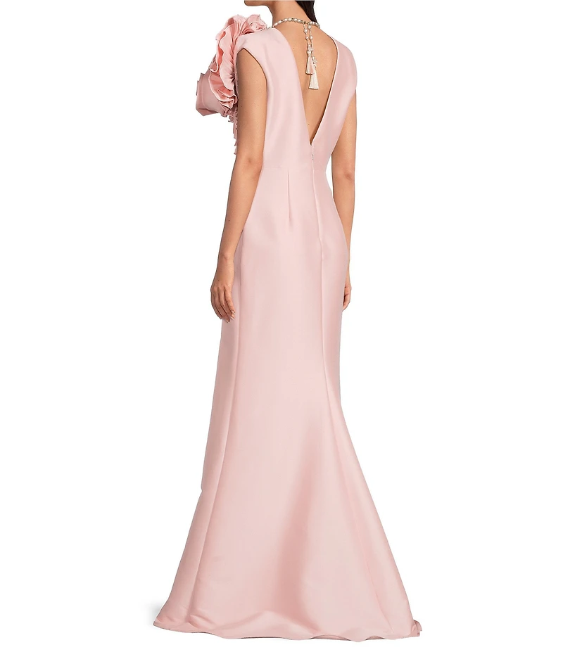 Aidan Mattox Mikado 3D Flower Applique V Neck Cap Sleeve Long Gown