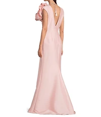 Aidan Mattox Mikado 3D Flower Applique V Neck Cap Sleeve Long Gown