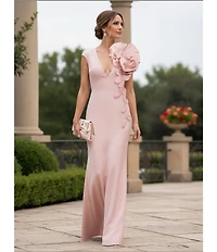 Aidan Mattox Mikado 3D Flower Applique V Neck Cap Sleeve Long Gown