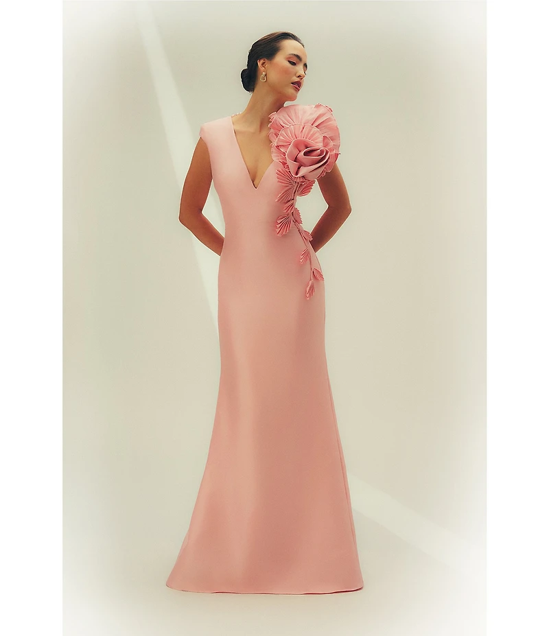 Aidan Mattox Mikado 3D Flower Applique V Neck Cap Sleeve Long Gown