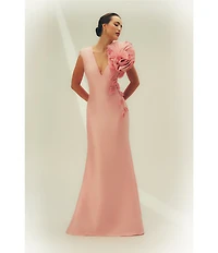 Aidan Mattox Mikado 3D Flower Applique V Neck Cap Sleeve Long Gown