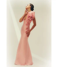 Aidan Mattox Mikado 3D Flower Applique V Neck Cap Sleeve Long Gown