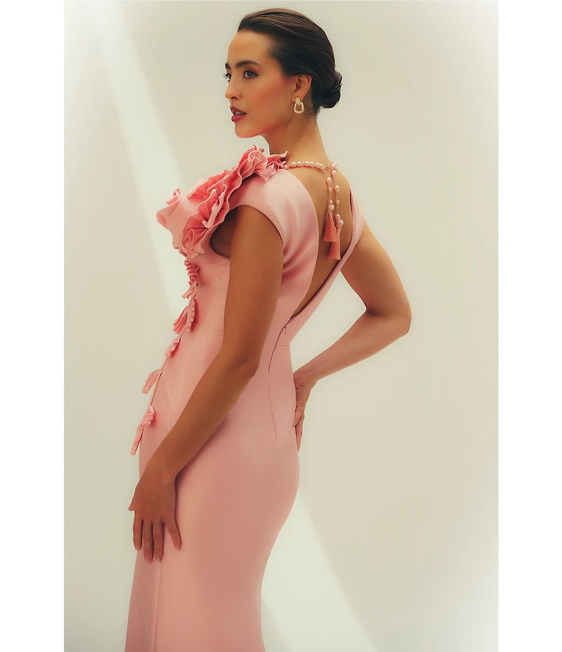 Aidan Mattox Mikado 3D Flower Applique V Neck Cap Sleeve Long Gown