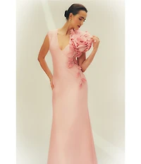 Aidan Mattox Mikado 3D Flower Applique V Neck Cap Sleeve Long Gown