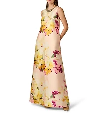 Aidan Mattox Mikado Floral Print Beaded Neck Sleeveless Sheath Gown