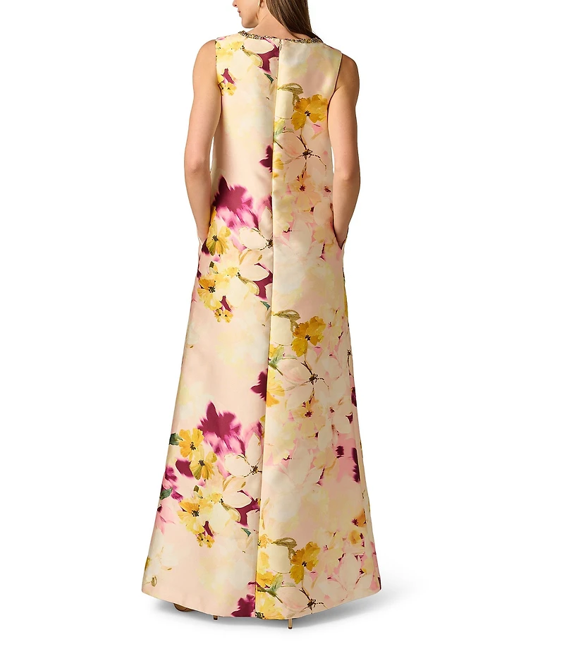 Aidan Mattox Mikado Floral Print Beaded Neck Sleeveless Sheath Gown