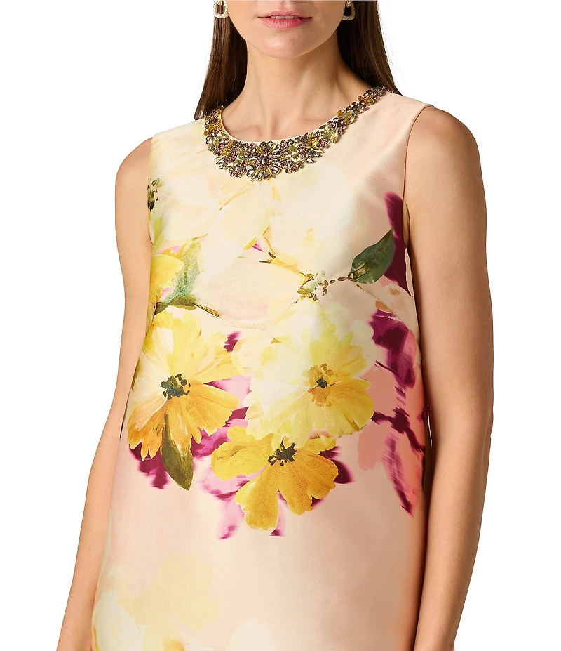 Aidan Mattox Mikado Floral Print Beaded Neck Sleeveless Sheath Gown