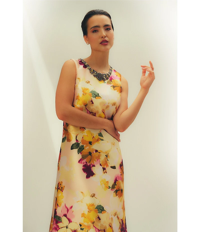 Aidan Mattox Mikado Floral Print Beaded Neck Sleeveless Sheath Gown