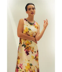 Aidan Mattox Mikado Floral Print Beaded Neck Sleeveless Sheath Gown