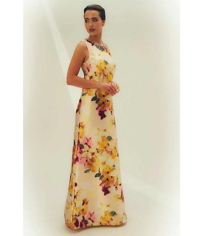 Aidan Mattox Mikado Floral Print Beaded Neck Sleeveless Sheath Gown
