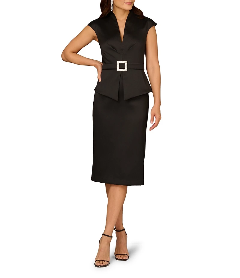 Aidan Mattox Mikado Rhinestone Buckle At Waist V-Neck Cap Sleeve Sheath Midi Dress