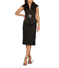 Aidan Mattox Mikado Rhinestone Buckle At Waist V-Neck Cap Sleeve Sheath Midi Dress