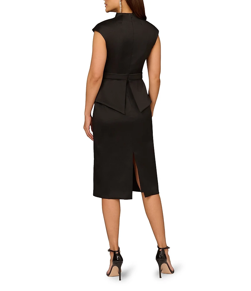 Aidan Mattox Mikado Rhinestone Buckle At Waist V-Neck Cap Sleeve Sheath Midi Dress