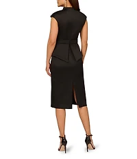 Aidan Mattox Mikado Rhinestone Buckle At Waist V-Neck Cap Sleeve Sheath Midi Dress