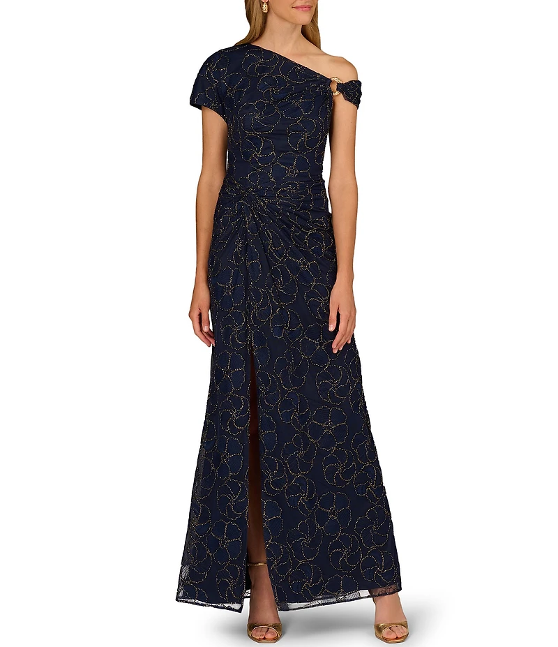 Aidan Mattox Novelty Mesh One Shoulder Long Dress