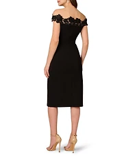 Aidan Mattox Off the Shoulder Lace Knit Crepe Sheath Midi Dress