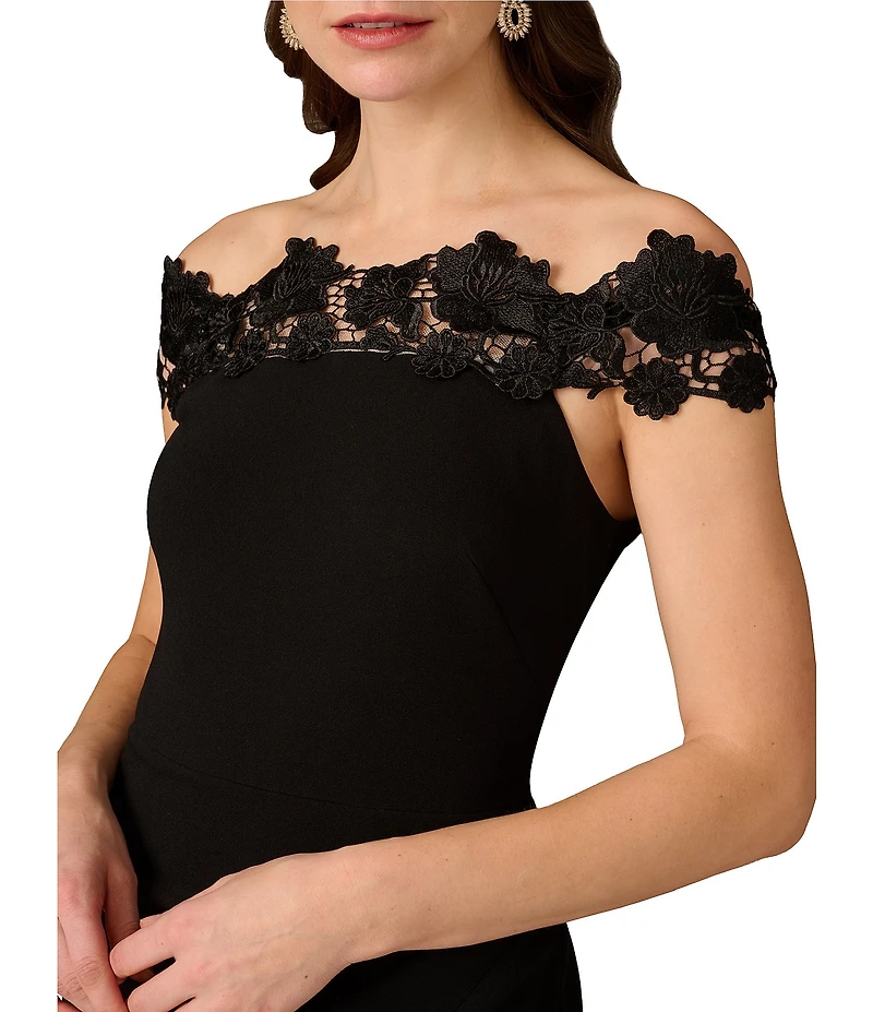 Aidan Mattox Off the Shoulder Lace Knit Crepe Sheath Midi Dress