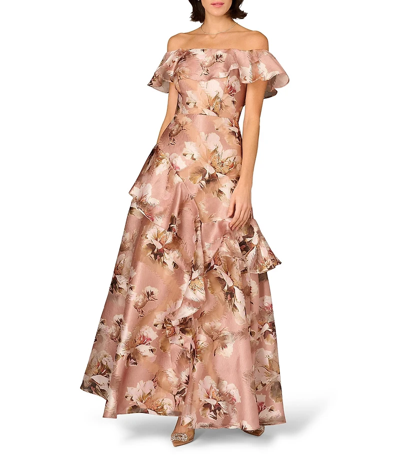 Aidan Mattox Off The Shoulder Print Jacquard Long Gown