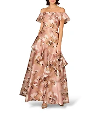 Aidan Mattox Off The Shoulder Print Jacquard Long Gown