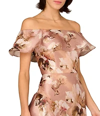 Aidan Mattox Off The Shoulder Print Jacquard Long Gown