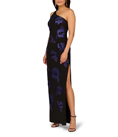 Aidan Mattox One Shoulder Beaded Floral Crepe Sheath Dress