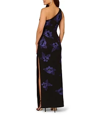 Aidan Mattox One Shoulder Beaded Floral Crepe Sheath Dress
