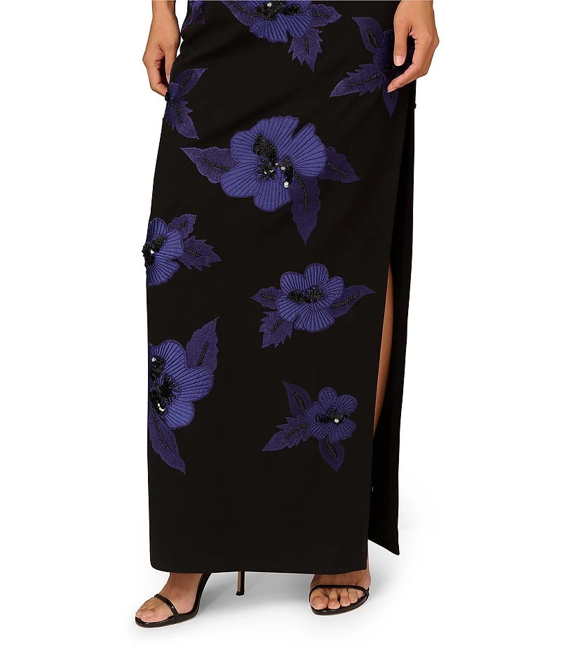 Aidan Mattox One Shoulder Beaded Floral Crepe Sheath Dress